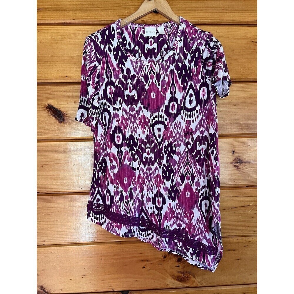 Chicos 1 US M top 3/4 Sleeve Asymmetrical Hem blouse artsy boho